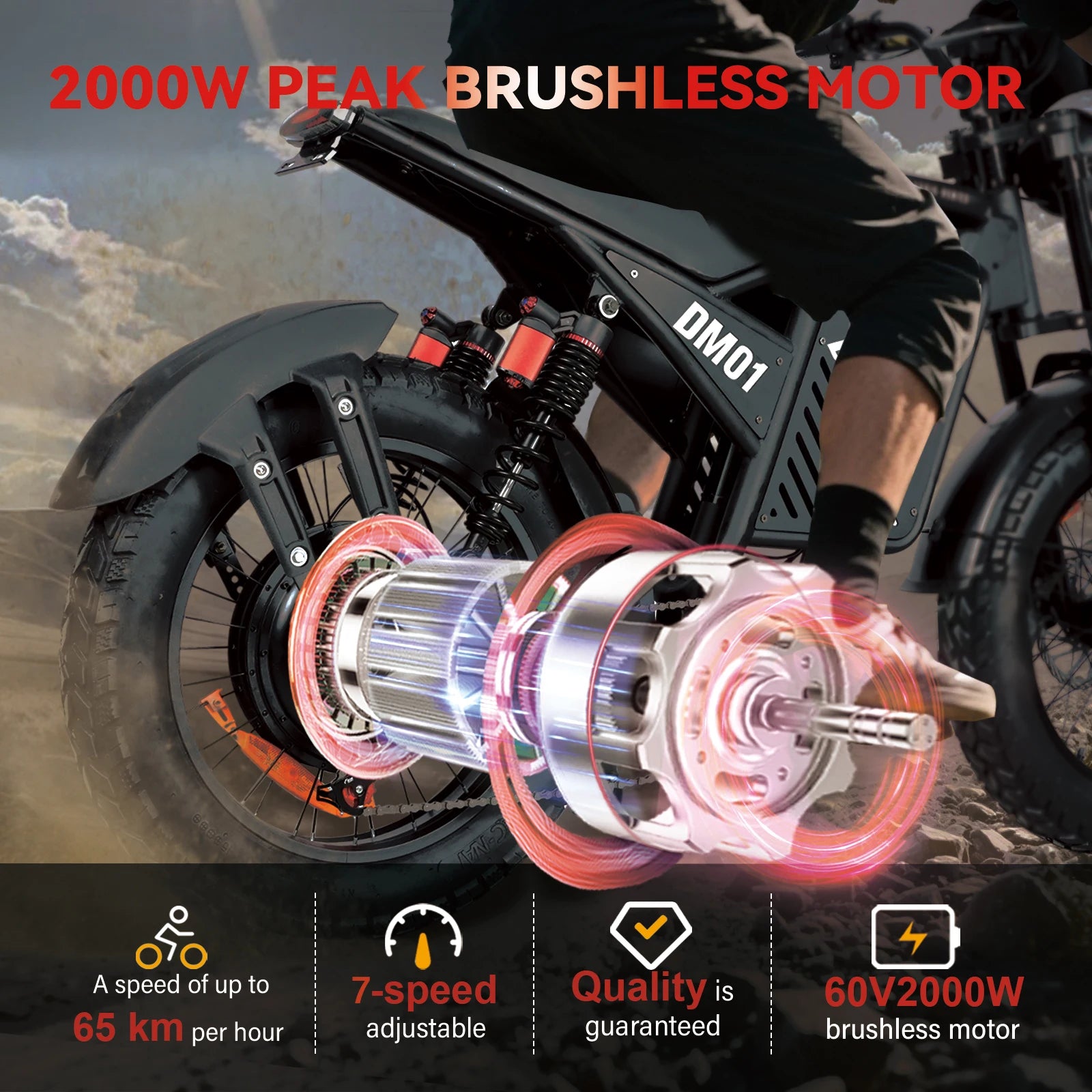 DM01 60V 30Ah Fat-Tire Electric Motorcycle – 42 MPH E-Bike for Adults