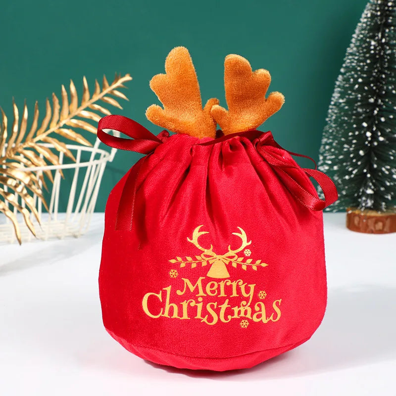 Christmas Velvet Antlers Drawstring Candy Gift Bag