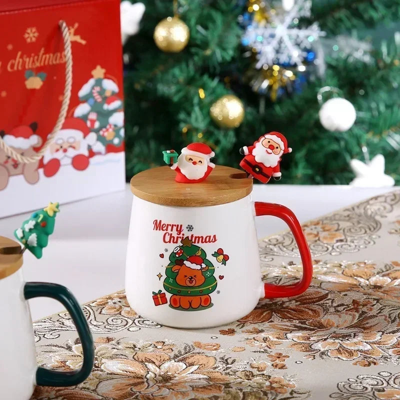 Festive Christmas Ceramic Mug Set (Lid + Spoon)