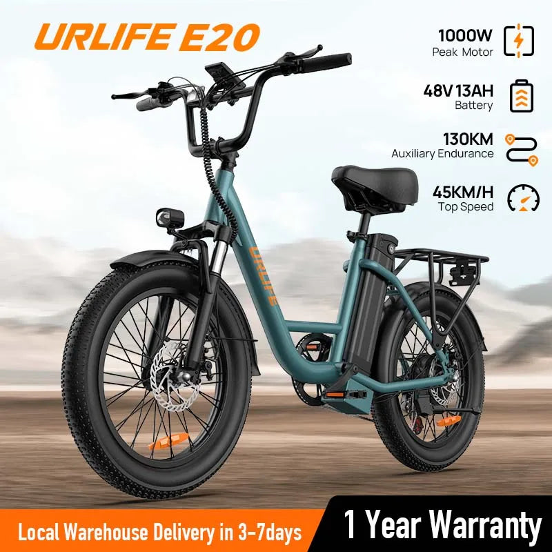 E20 1000W Electric Bike – 48V 13Ah, 20"x3" Fat Tire, 20–28MPH, 7-Speed