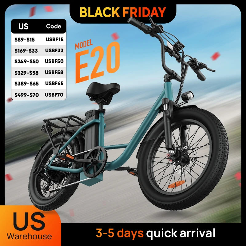 E20 1000W Electric Bike – 48V 13Ah, 20"x3" Fat Tire, 20–28MPH, 7-Speed