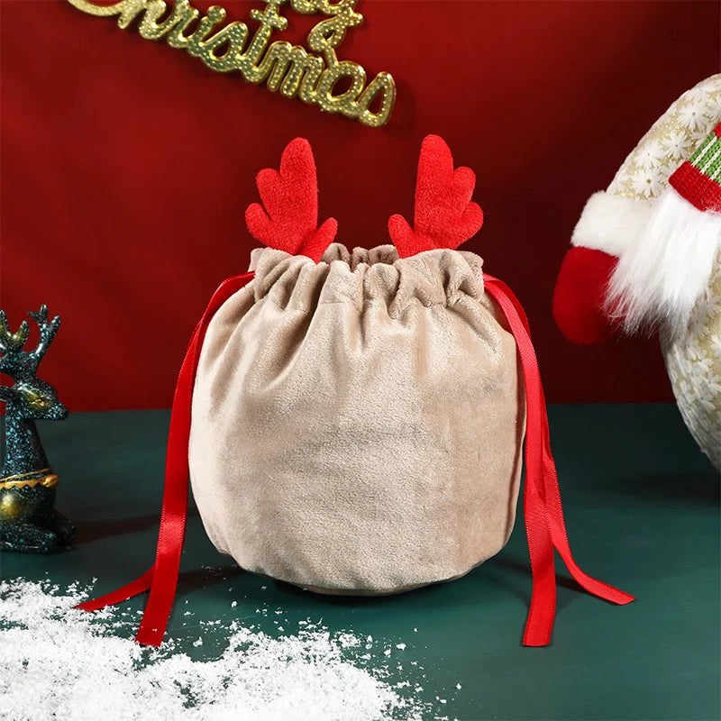 Christmas Velvet Antlers Drawstring Candy Gift Bag