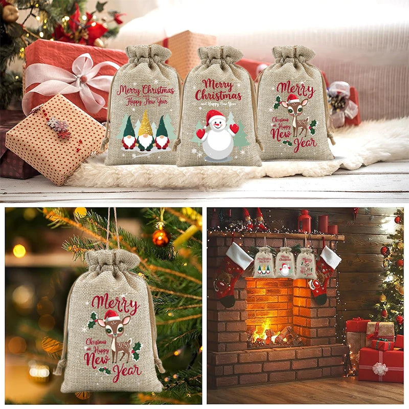 Christmas Burlap Drawstring Gift Bags – Set of 6