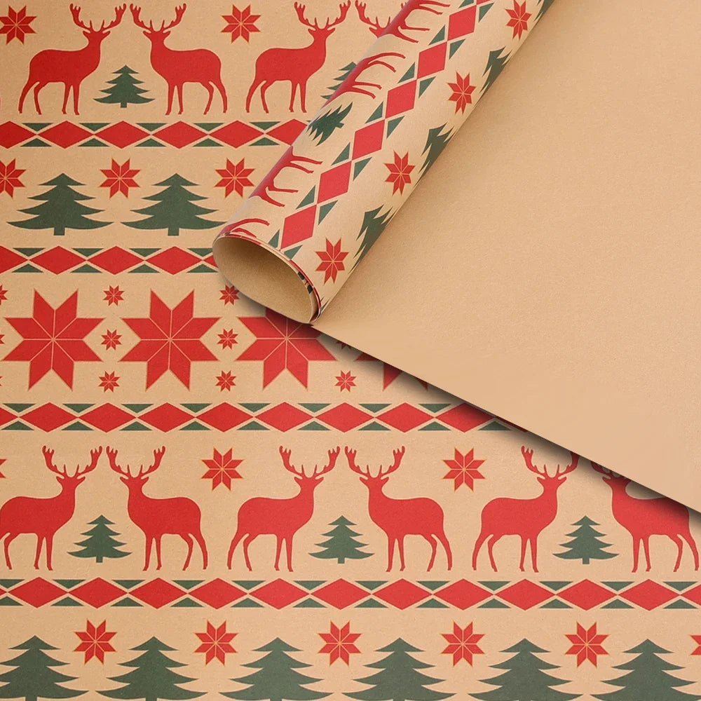 5-Pack Christmas Kraft Wrapping Paper – Cartoon Holiday Gift Wrap Sheets
