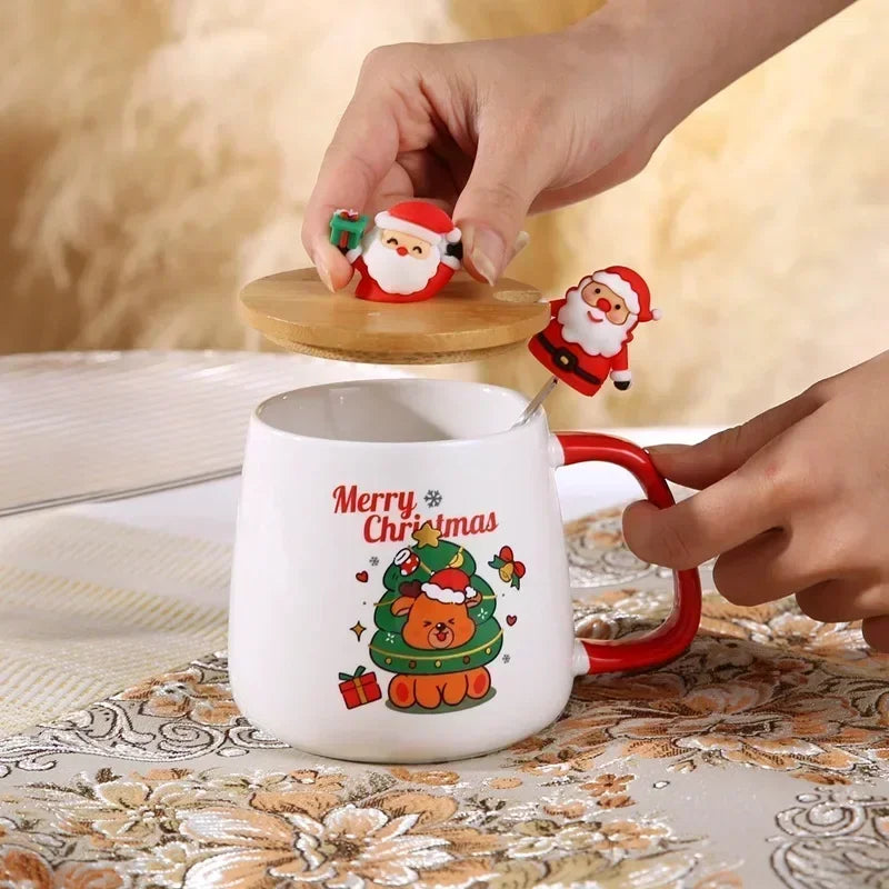 Festive Christmas Ceramic Mug Set (Lid + Spoon)