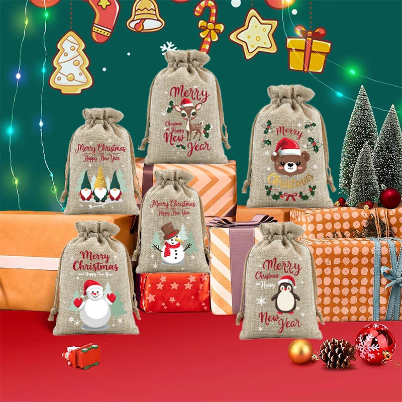 Christmas Burlap Drawstring Gift Bags – Set of 6