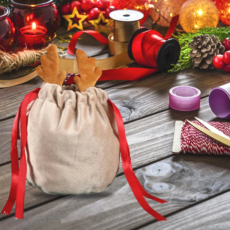 Christmas Velvet Antlers Drawstring Candy Gift Bag