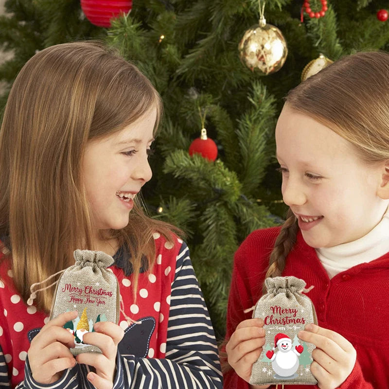 Christmas Burlap Drawstring Gift Bags – Set of 6