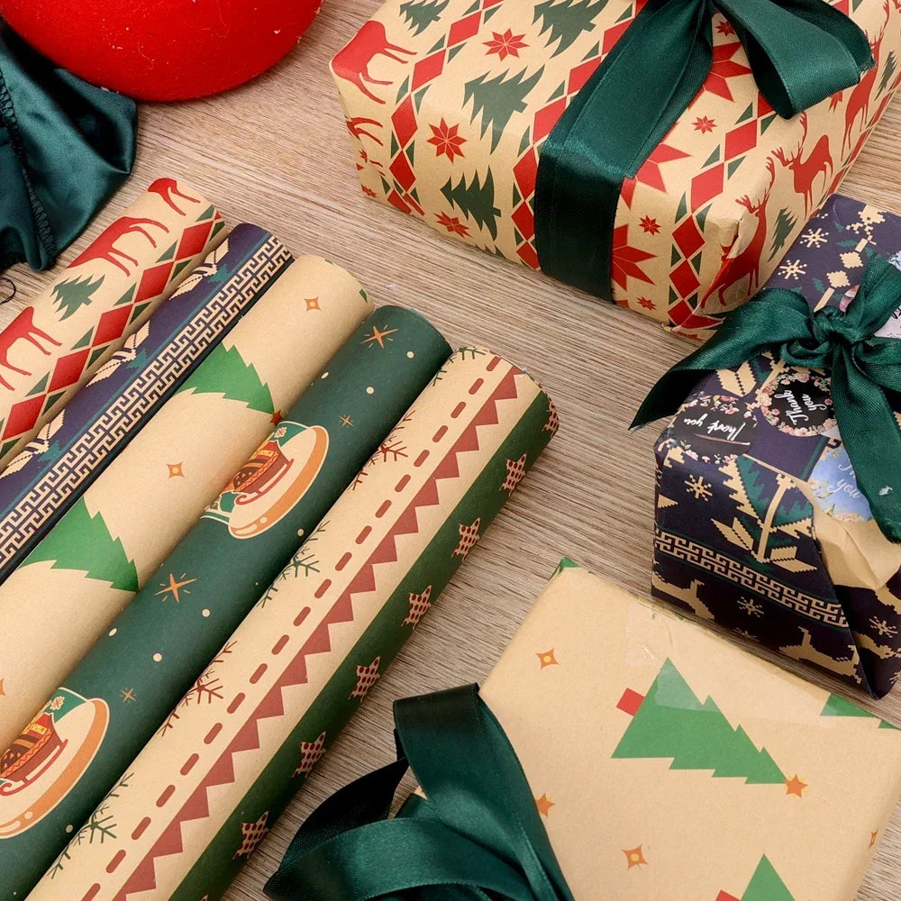 5-Pack Christmas Kraft Wrapping Paper – Cartoon Holiday Gift Wrap Sheets