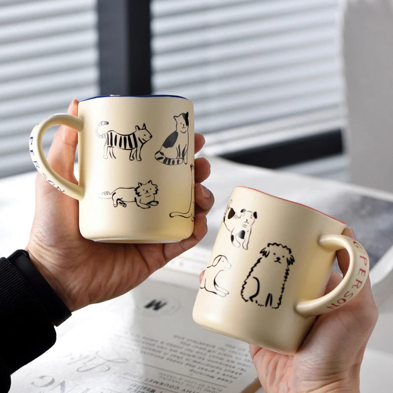 Hand-Painted Cat & Dog Couple Mug – 420ml Ceramic