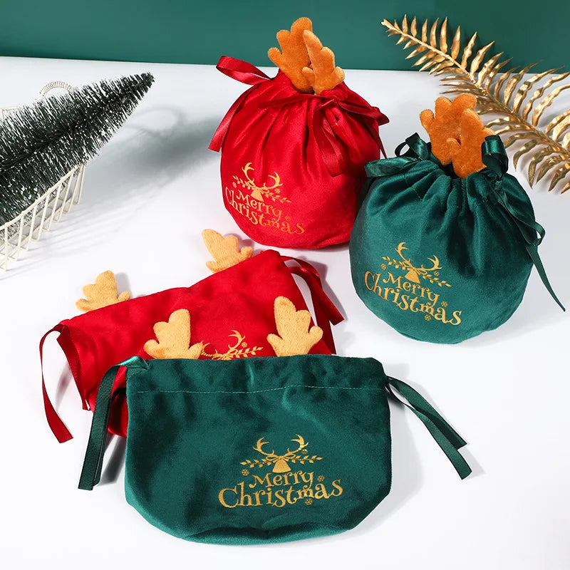 Christmas Velvet Antlers Drawstring Candy Gift Bag