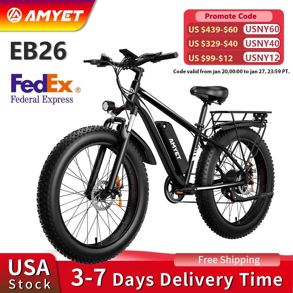 AMYET EB26 1000W Electric Bike – 48V 15Ah, 26" Fat Tire, 28–31MPH