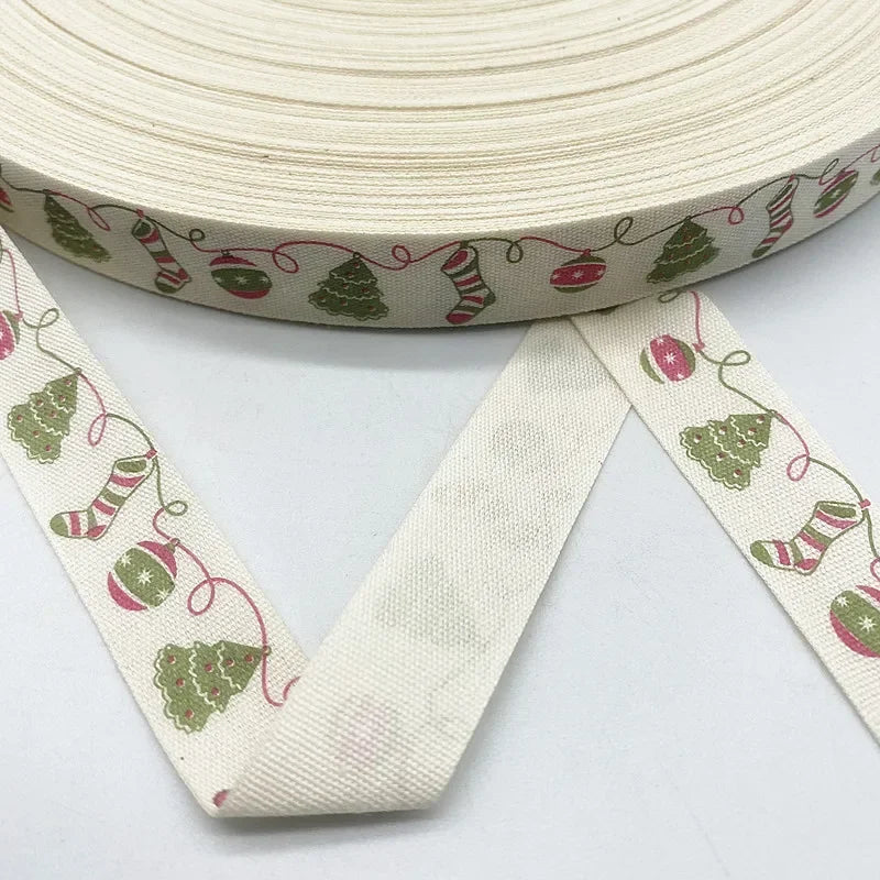 Christmas Printed Polyester Cotton Ribbon –  Single-Face Ribbon for Gift Wrapping, Holiday Crafts & Party Decorations
