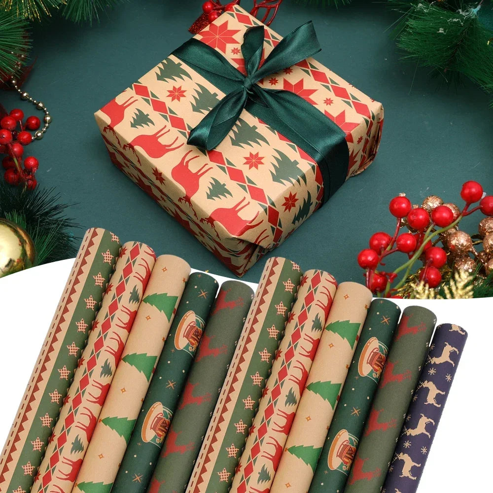 5-Pack Christmas Kraft Wrapping Paper – Cartoon Holiday Gift Wrap Sheets