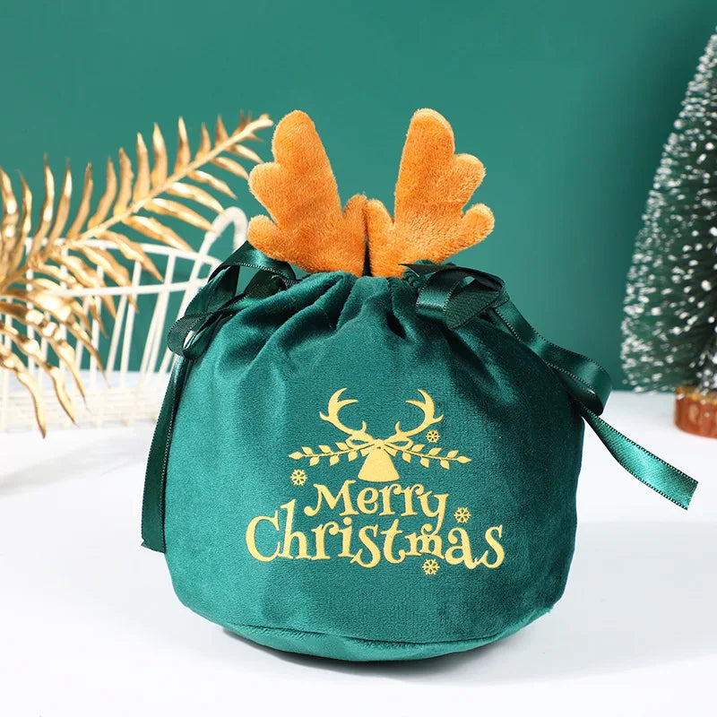 Christmas Velvet Antlers Drawstring Candy Gift Bag