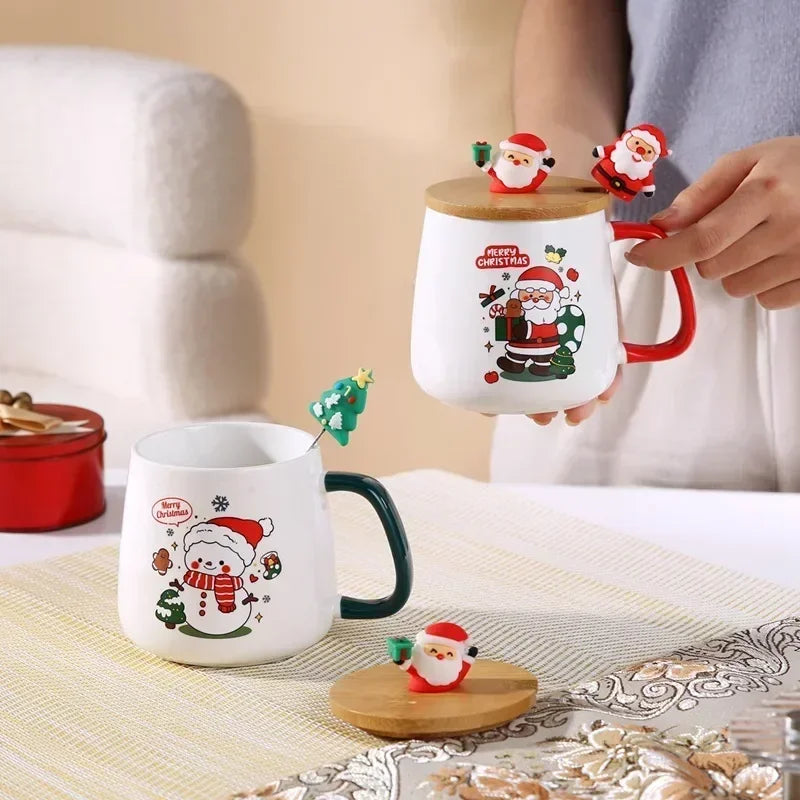 Festive Christmas Ceramic Mug Set (Lid + Spoon)