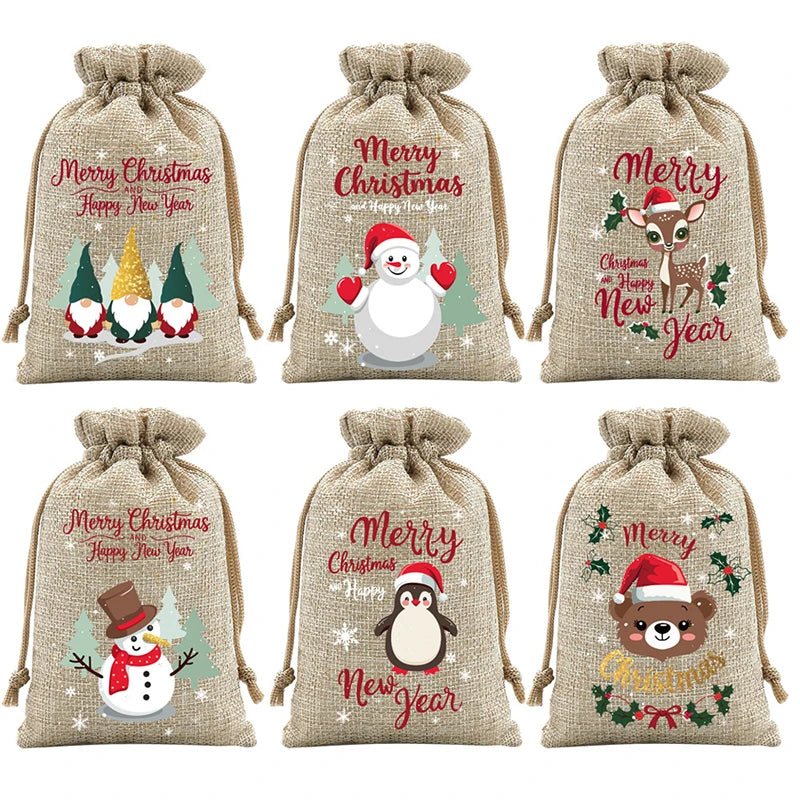 Christmas Burlap Drawstring Gift Bags – Set of 6